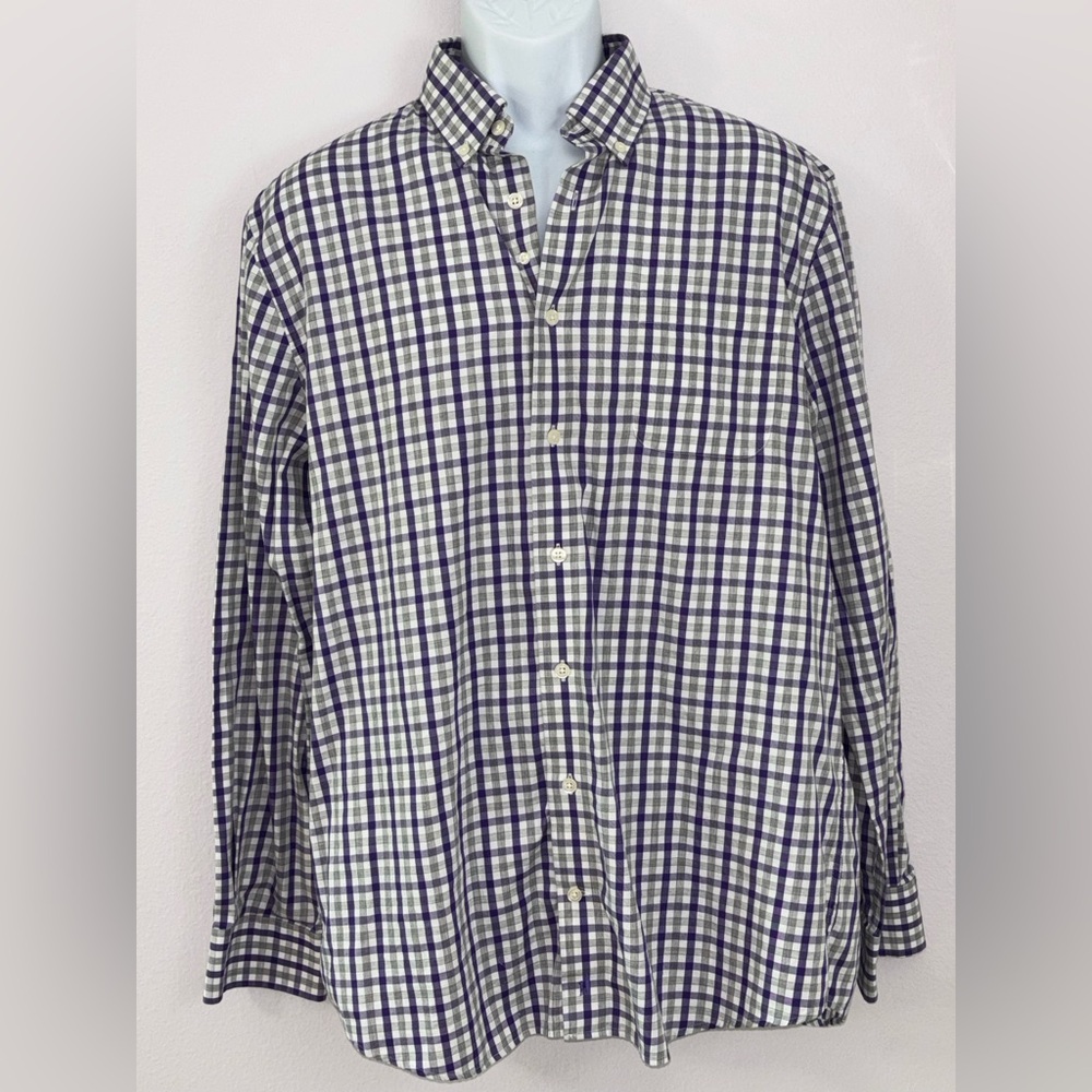 JOHNNIE O’S Purple Gray White Gingham/Plaid Cotton Button Shirt Size L